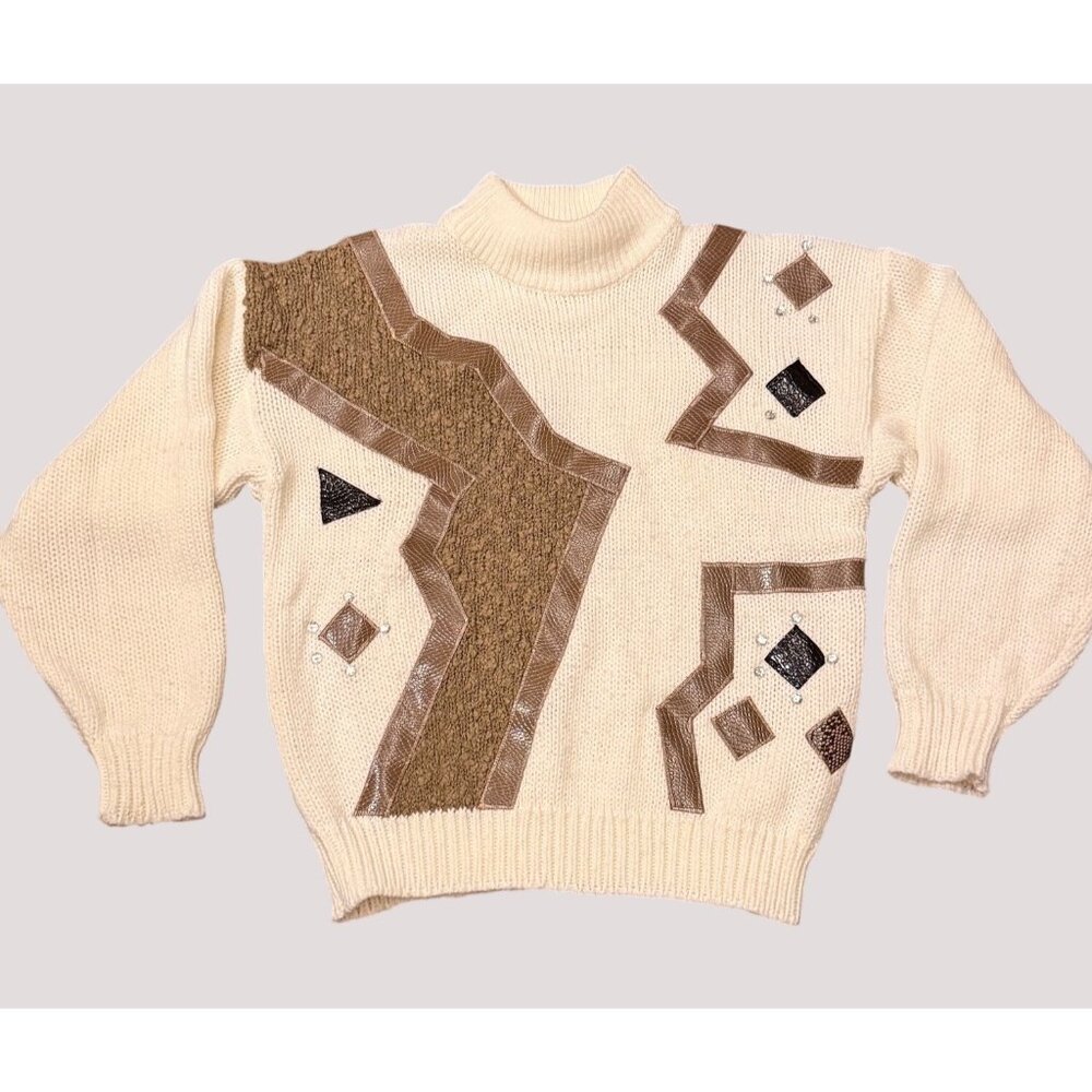 Girls 80s Maggie‎ Lawrence Collection Cream Knit Sweater Geometric Rhinestones L